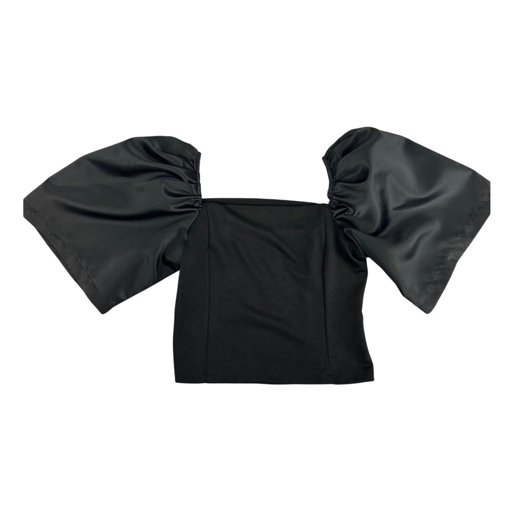 No Brand Black Puff Sleeve Crop Top Side Zip Blouse M Retro Preppy Gothic